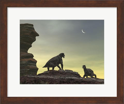 Framed Two Giant Moschops Face off on a Sandstone Mesa 250 Million years ago Print