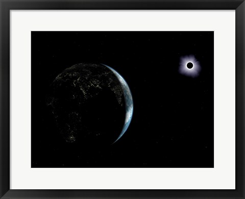 Framed Illustration of the City Lights on a Dark Earth During a Solar Eclipse Print