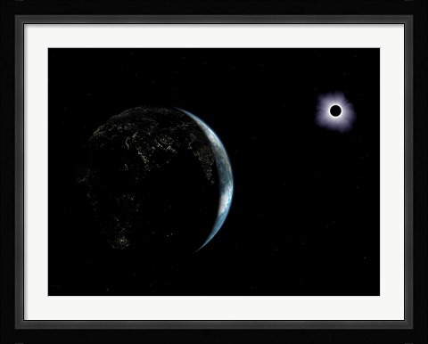 Framed Illustration of the City Lights on a Dark Earth During a Solar Eclipse Print