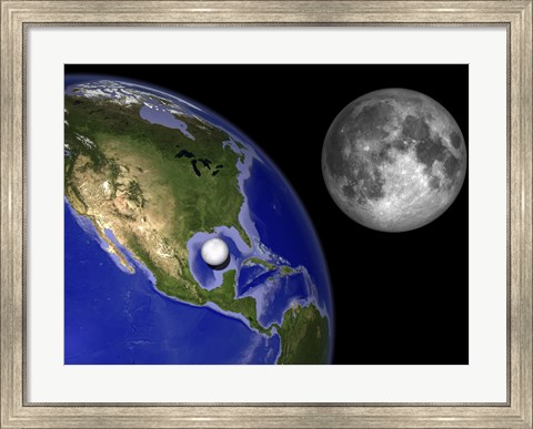Framed Illustration of Enceladus in front of the Earth and next to Earth&#39;s moon Print