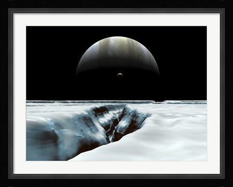 Framed Crescent Jupiter and Volcanic Satellite, Io, Hover over the Horizon of the Icy Moon of Europa Print