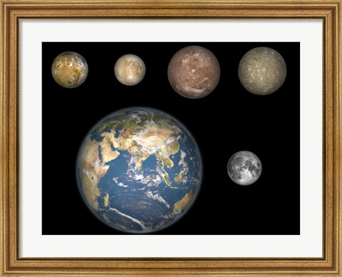 Framed Artist&#39;s Concept of Jupiter&#39;s Four largest Satellites laid out above the Earth and it&#39;s Moon Print