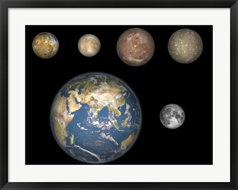 Framed Artist&#39;s Concept of Jupiter&#39;s Four largest Satellites laid out above the Earth and it&#39;s Moon Print