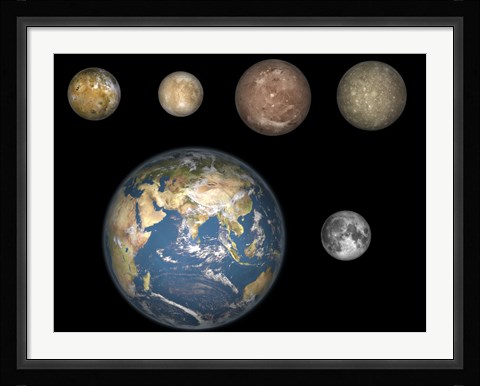 Framed Artist's Concept of Jupiter's Four largest Satellites laid out above the Earth and it's Moon Print