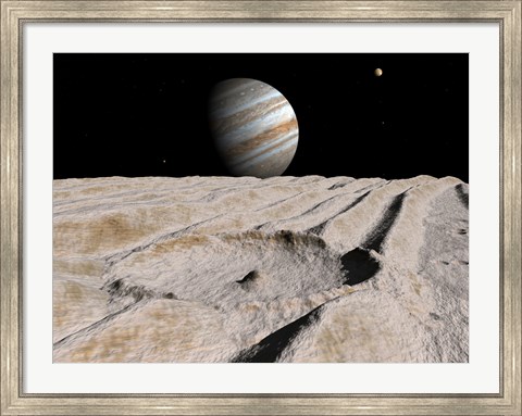Framed Artist&#39;s Concept of an Impact Crater on Jupiter&#39;s Moon Ganymede, with Jupiter on the Horizon Print