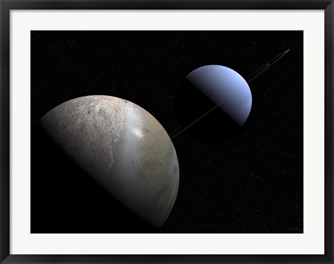 Framed Illustration of the Gas Giant Planet Neptune and its Largest Moon Triton Print