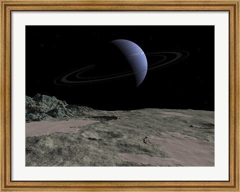Framed Illustration of the Gas Giant Neptune as seen from the Surface of its Moon Triton Print