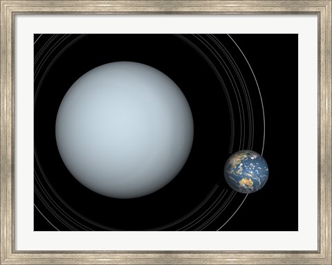 Framed Artist&#39;s concept of Uranus and Earth to scale Print