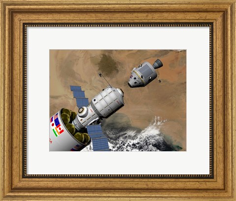 Framed Command Module Prepares to Dock with a Phobos Mission Rocket in Earth Orbit Print
