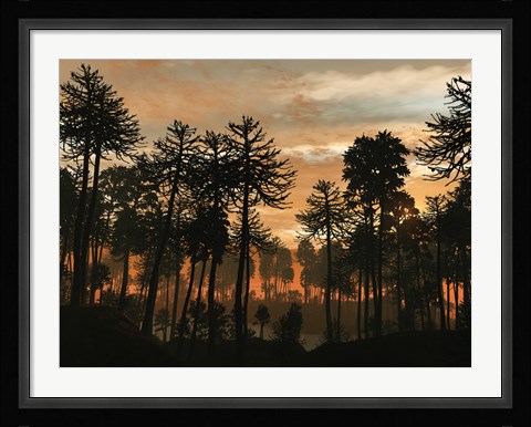 Framed Forest of Cordaites and Araucaria Silhouetted Against a Colorful Sunset Print