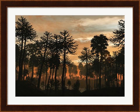 Framed Forest of Cordaites and Araucaria Silhouetted Against a Colorful Sunset Print