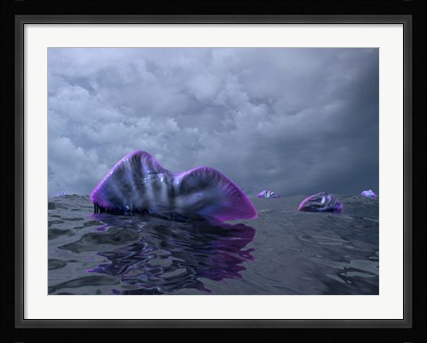 Framed Portuguese Man o' War Swarm over the Surface of a Cambrian Ocean Print