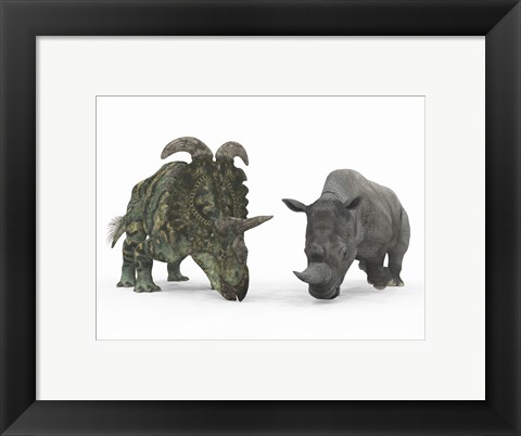 Framed Adult Albertaceratops Compared to a Modern adult White Rhinoceros Print