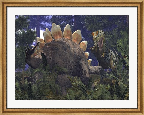 Framed Allosaurus Stumbles upon a Grazing Stegosaurus Print