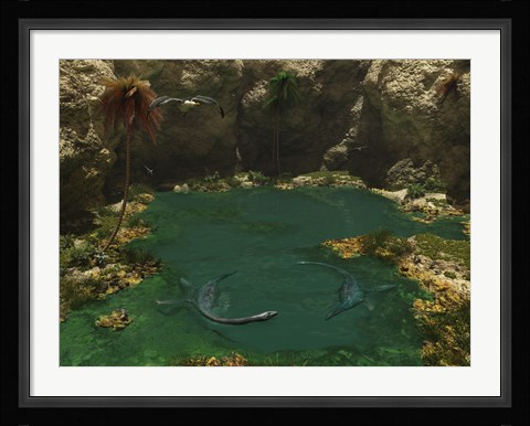 Framed Pair of Elasmosaurus Engage in a Swimming Courtship Dance Print