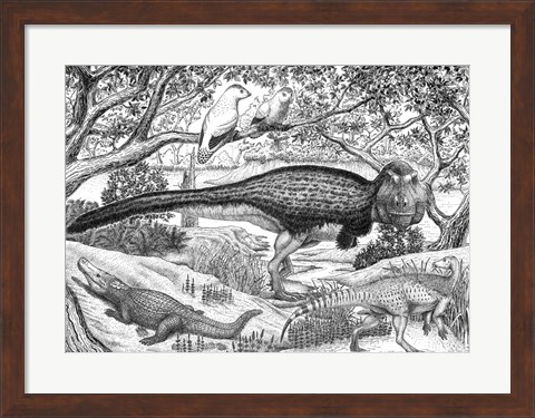 Framed Black ink Drawing of Extinct Animals From the Hell Creek Formation Print