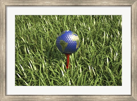 Framed 3D Rendering of an Earth Golf Ball on Tree in the Grass Print