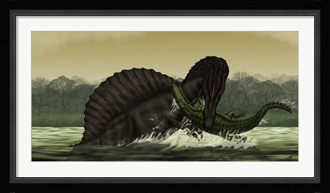Framed Spinosaurus Catches a Young Stomatosuchus Print