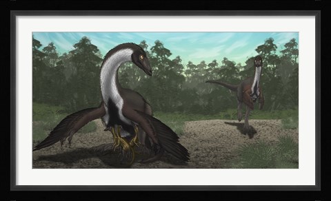 Framed Ornithomimus Mother Dinosaur with Juveniles, Adult Male in Background Print