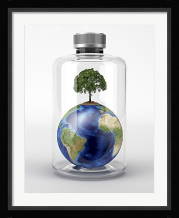 Framed Planet Earth with a Tree on Top, inside a Glass Bottle Print