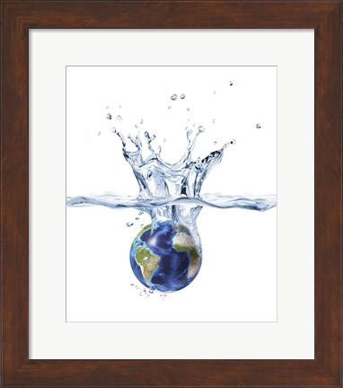 Framed Planet Earth Falling into Clear Water, Forming a Crown Splash Print