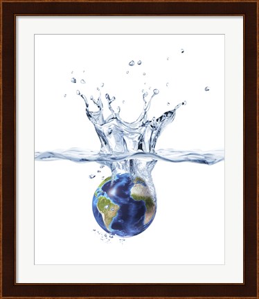 Framed Planet Earth Falling into Clear Water, Forming a Crown Splash Print