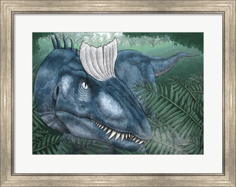 Framed Cryolophosaurus Walking through a Jurassic Forest Print