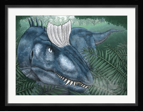 Framed Cryolophosaurus Walking through a Jurassic Forest Print