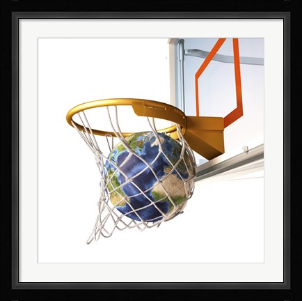 Framed 3D Rendering of Planet Earth Falling Into a Basketball Hoop Print
