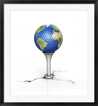Framed Golf Ball with the Texture of Planet Earth Placed on a Tee Print