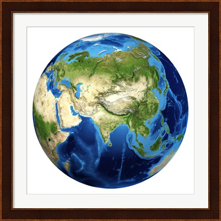 Framed 3D rendering of Planet Earth with Clouds, Centered on Asia Print