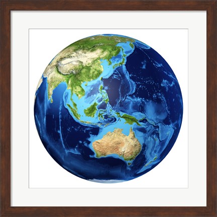 Framed 3D Rendering of planet Earth with Clouds, Oceania View Print