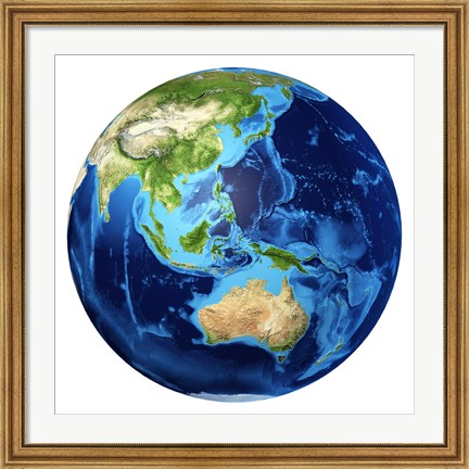 Framed 3D Rendering of planet Earth with Clouds, Oceania View Print