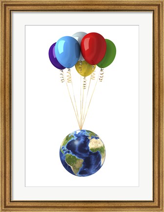 Framed Planet Earth Lifted by a Bunch of Flying Multicolored Balloons Print