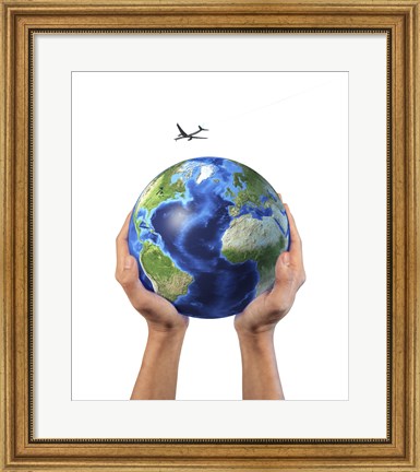 Framed Man&#39;s Hands Holding the Planet Earth, with a Jet Aircraft Flying Above Print