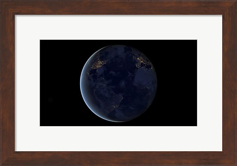 Framed Digital Composite of Earth&#39;s City Lights at Night, Centered over the Atlantic Ocean Print
