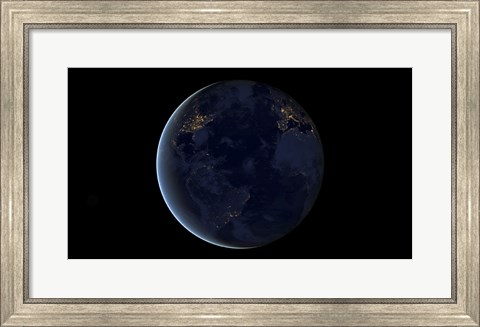 Framed Digital Composite of Earth&#39;s City Lights at Night, Centered over the Atlantic Ocean Print