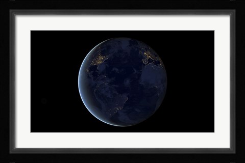Framed Digital Composite of Earth's City Lights at Night, Centered over the Atlantic Ocean Print