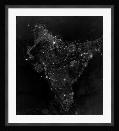 Framed Satellite View of City, Village, and Highway Lights in India Print