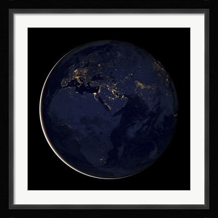 Framed Full Earth Showing City Lights of Africa, Europe, and the Middle East Print