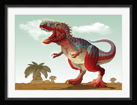 Framed Colorful Illustration of an Angry Tyrannosaurus Rex Print