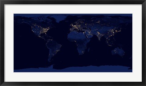 Framed Flat Map of Earth Showing City Lights of the World at Night Print