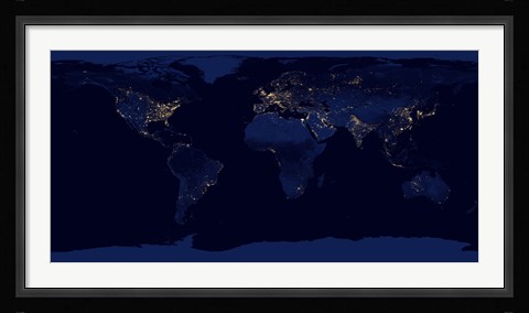 Framed Flat Map of Earth Showing City Lights of the World at Night Print