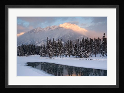 Framed View of Mt Edith and Sawback Range with Reflection in Spray River, Banff, Canada Print
