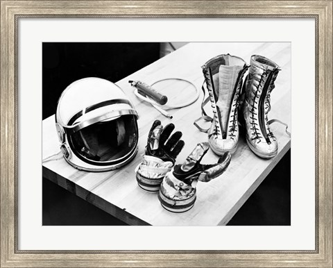 Framed Components of the Mercury Spacesuit Included Gloves, Boots and a Helmet Print