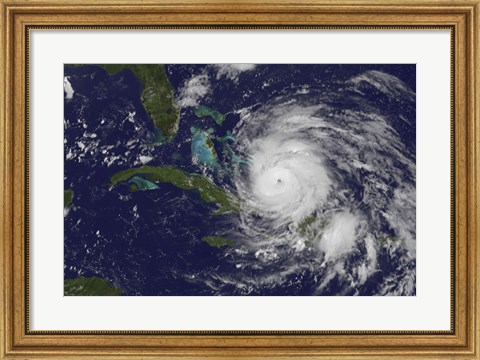 Framed Satellite view of the Eye of Hurricane Irene as it Enters the Bahamas Print