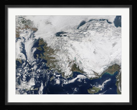 Framed Satellite view of the Republic of Turkey covered by Snow Print