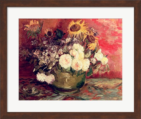 Framed Sunflowers, Roses and other Flowers in a Bowl, 1886 Print