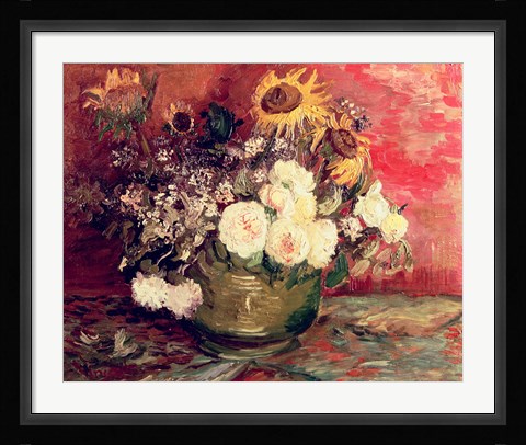 Framed Sunflowers, Roses and other Flowers in a Bowl, 1886 Print
