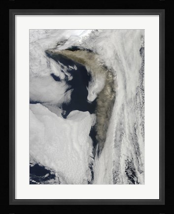 Framed Satellite view of a Thick Plume of Ash rising from the Eyjafjallajokull Volcano Print